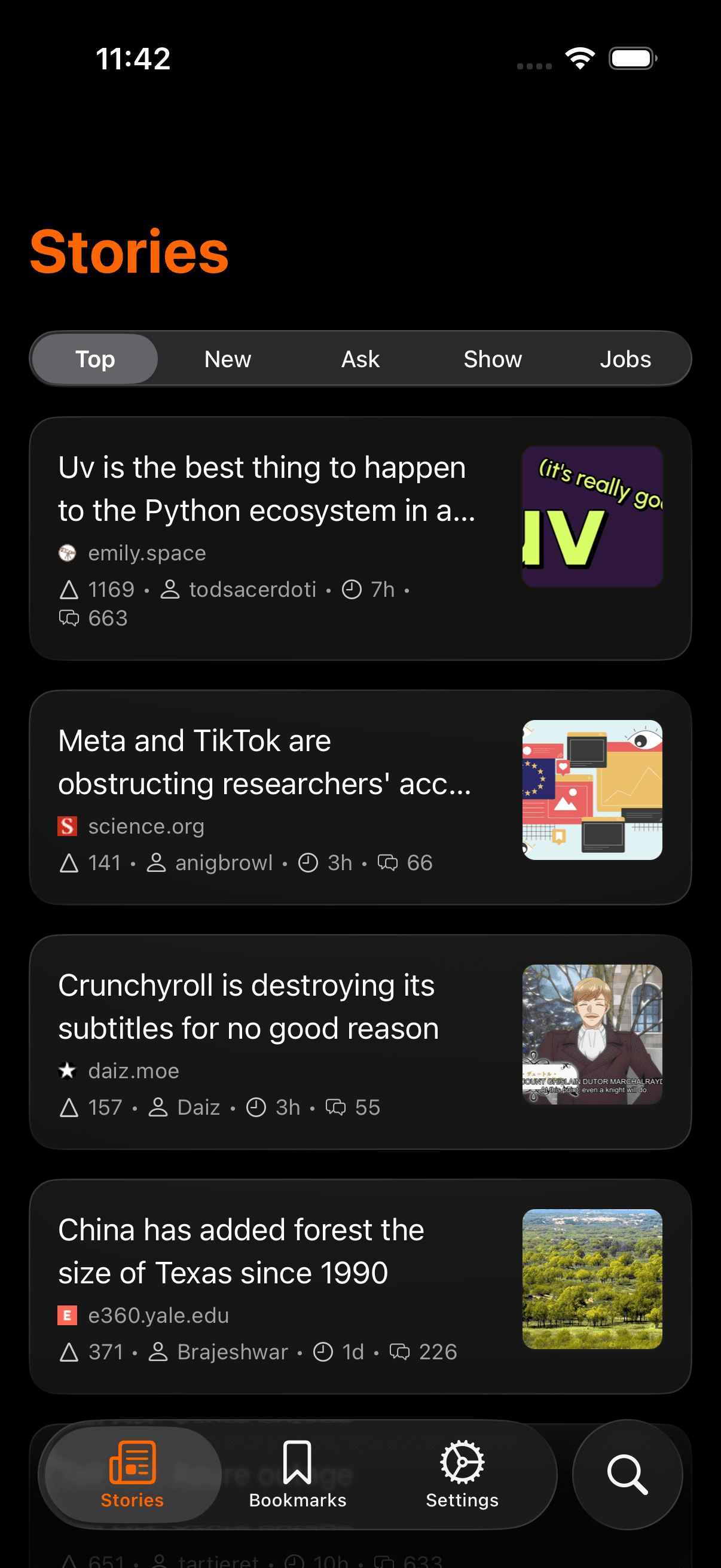 Home screen showing story feed