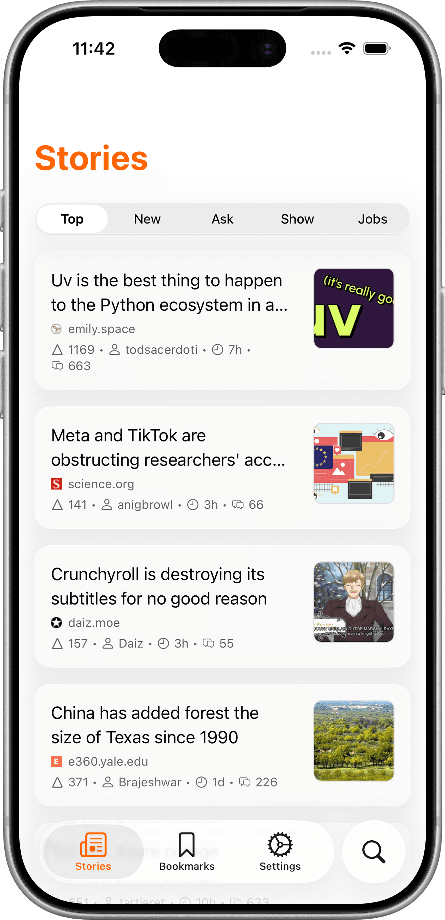 Hacker Reader home feed