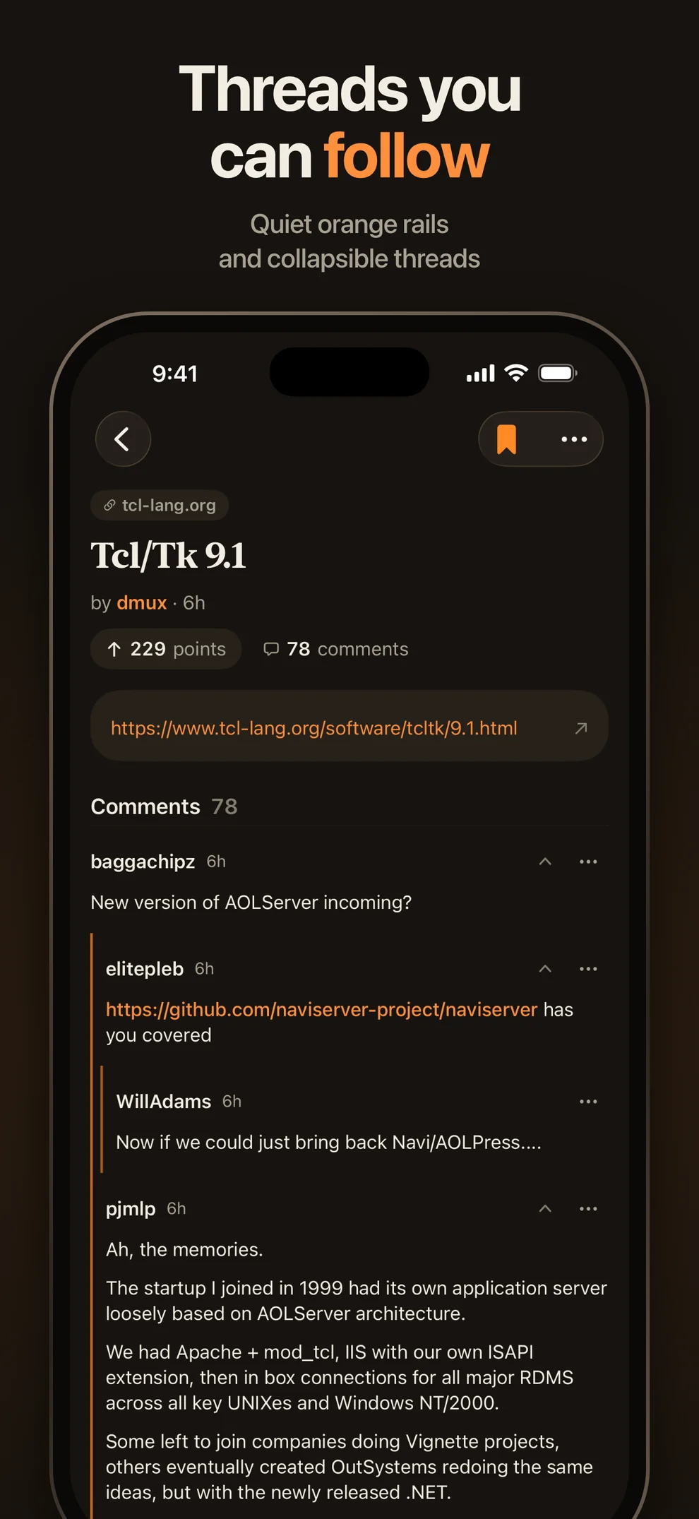 Threads you can follow. Quiet orange rails and collapsible threads.