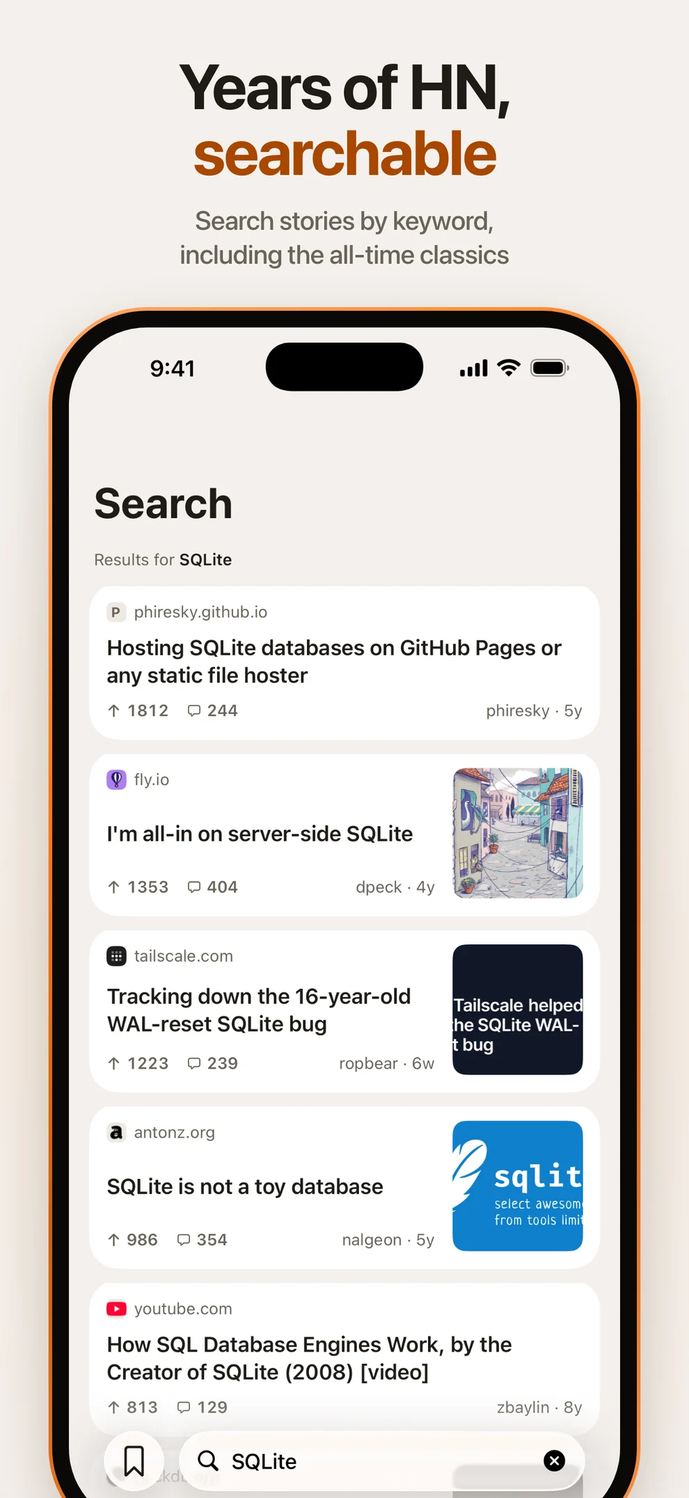 Years of HN, searchable. Search stories by keyword, including the all-time classics.