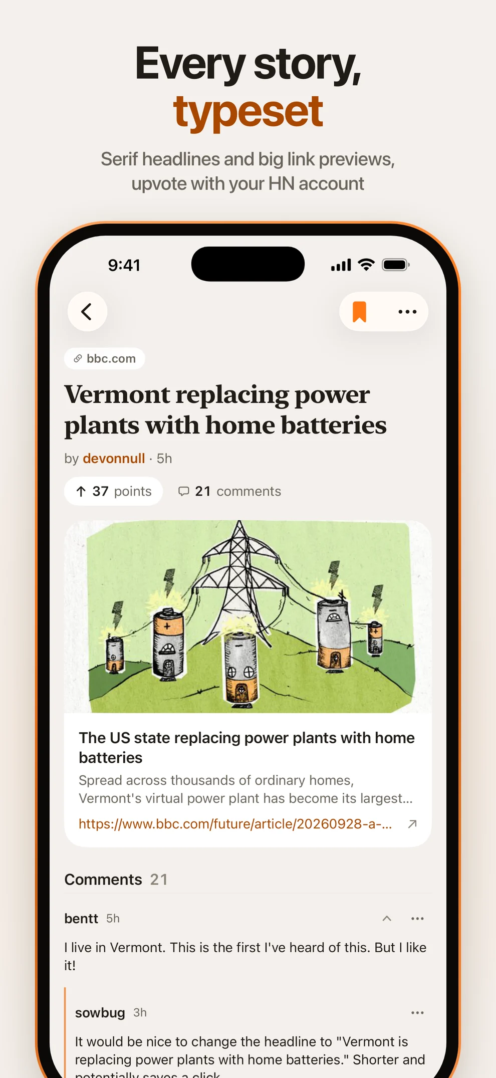 Every story, typeset. Serif headlines and big link previews, upvote with your HN account.
