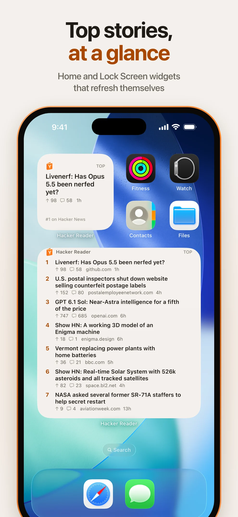 Top stories, at a glance. Home and Lock Screen widgets that refresh themselves.