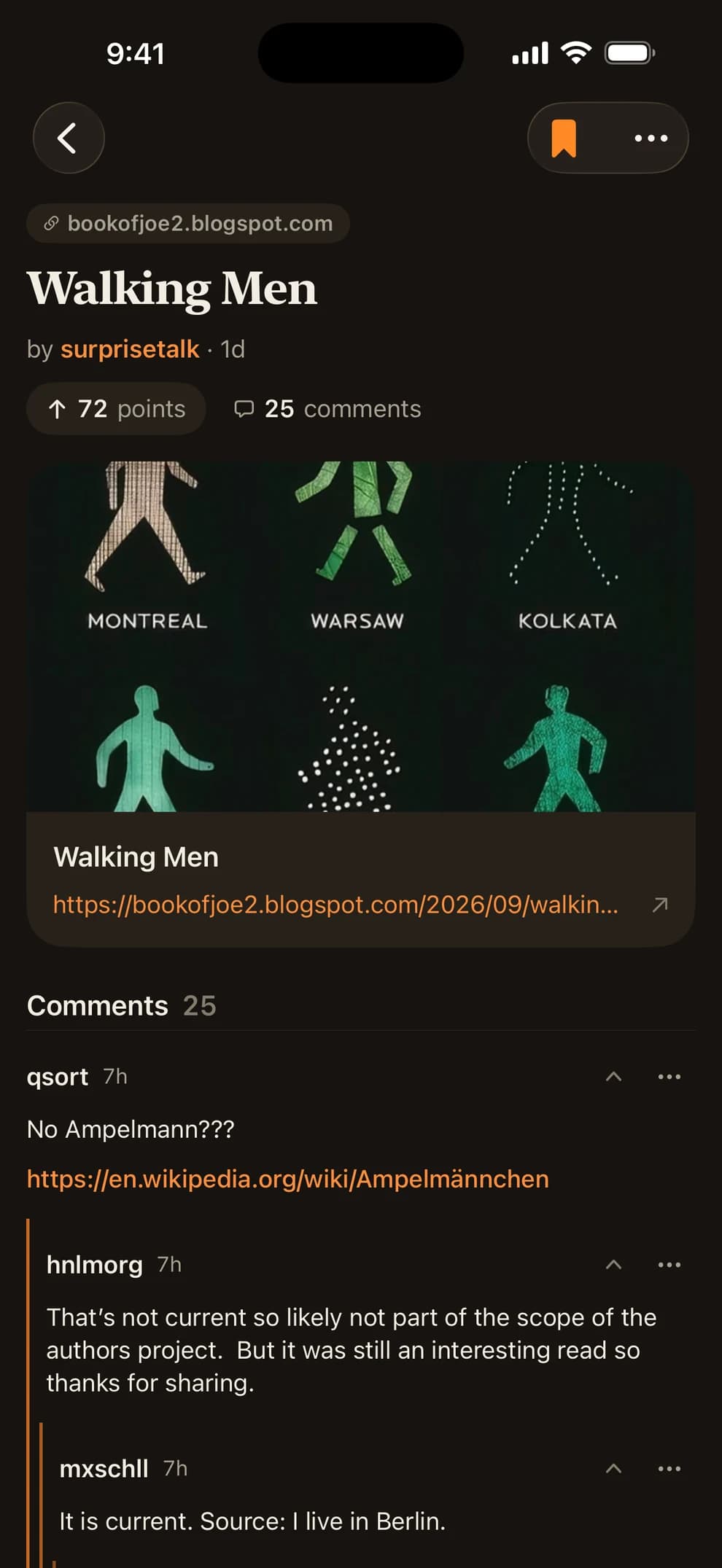 A story page and its comments in Dark Mode